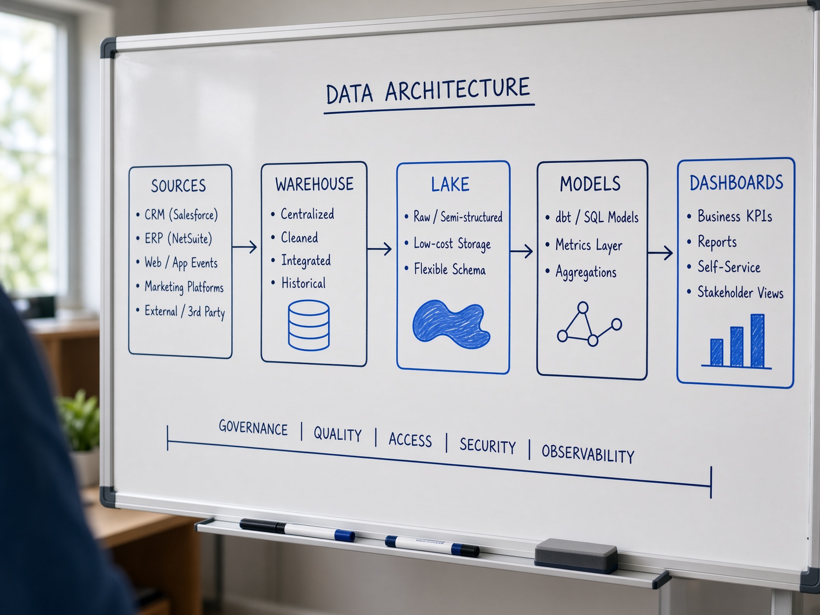 Data architecture sketched on a whiteboard